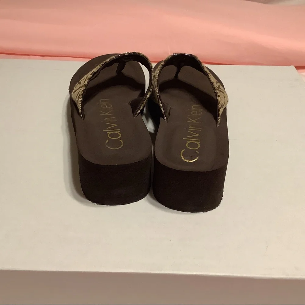 Calvin Klein Brown Logo Platform Flip Flops